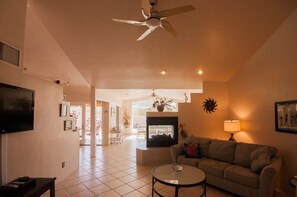 Smart TV, fireplace, DVD player, books