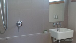 A bathroom with a shower, a sink, and a mirror. - Beautiful Waterview Studio (Ngunguru)