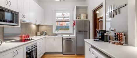 Fridge, microwave, oven, stovetop