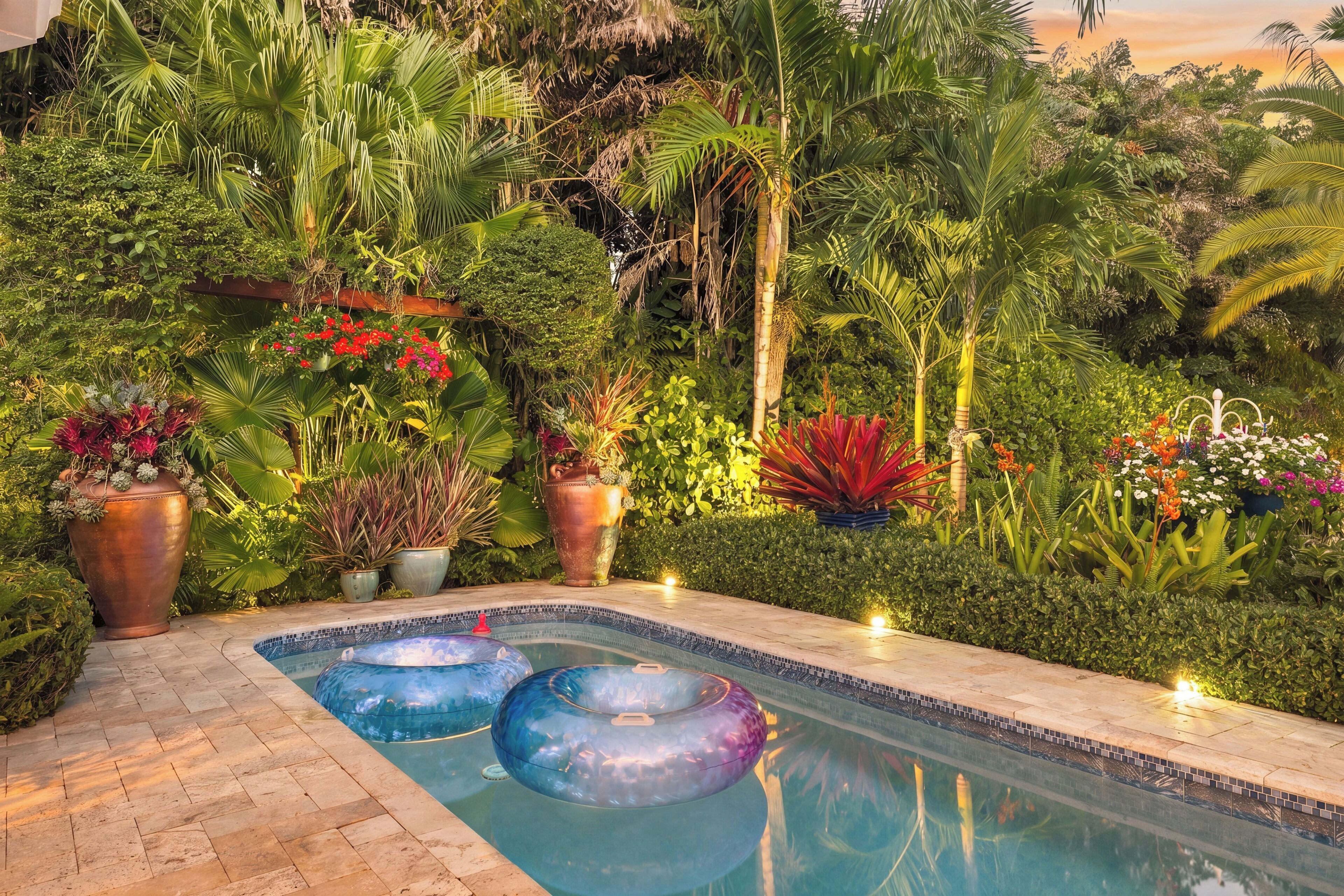 A pool with clear blue water, surrounded by lush greenery and various potted plants.