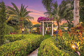 A garden with a gazebo, palm trees, and various plants.