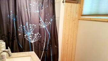Combined shower/bathtub, hair dryer, towels, toilet paper