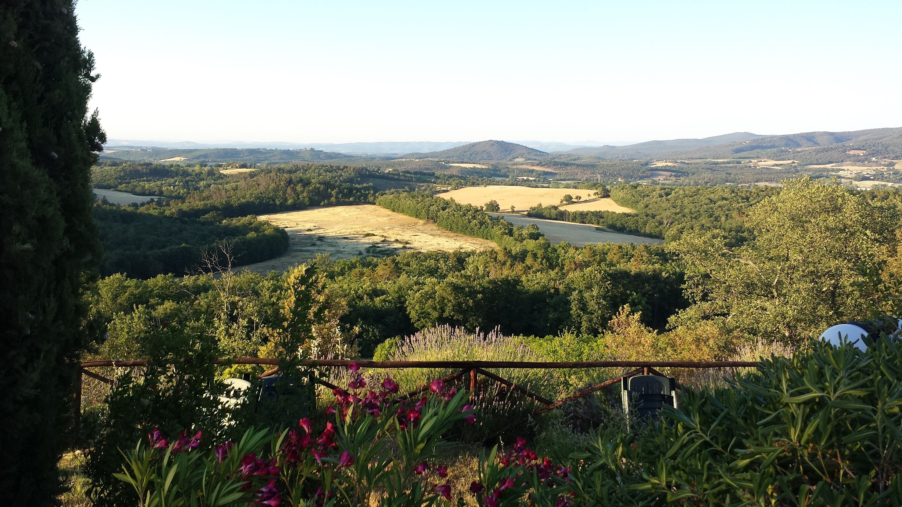 Vista panorâmica de um vale com um rio, cercado por florestas densas e colinas.