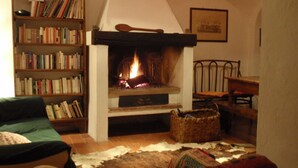 A cozy living room with a fireplace, a bookshelf, a green sofa, and a woven basket. - HILLTOP APARTMENT WITH GREAT WIEW BETWEEN SIENA AND VOLTERRA (Casole D'Elsa)
