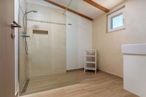 Shower, hair dryer, towels