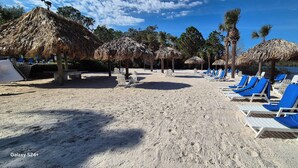 A beach with thatched umbrellas, blue lounge chairs, and a sandy walkway.
