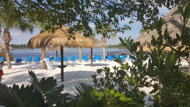 A beach with thatched umbrellas, blue lounge chairs, and a view of the water.