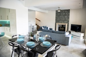 Smart TV, fireplace, DVD player, books