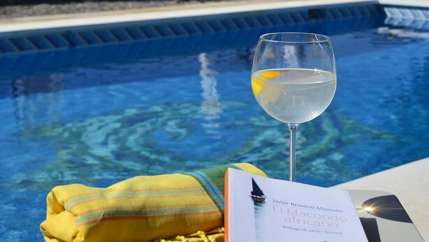 A poolside setting with a book and a glass of water. - The African House, rural getaway between Ronda and Málaga (Tolox)