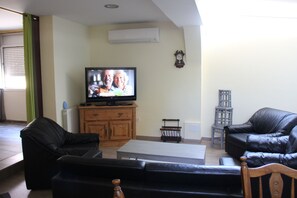 TV, fireplace, books, stereo