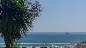 Une piscine avec vue sur la mer, un palmier et un navire à l’horizon.