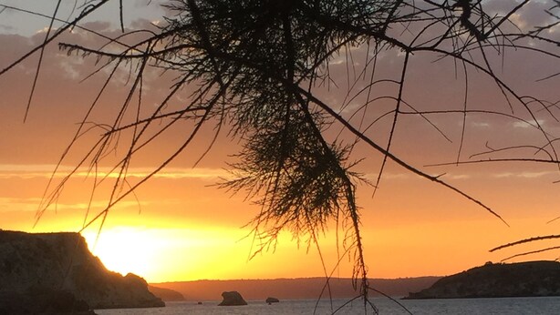 A beach with umbrellas and lounge chairs, a sunset over the water, and rocky cliffs in the background. - Modern villa for 1 to 6 people, private pool, beautiful sea and mountain views (Crete)