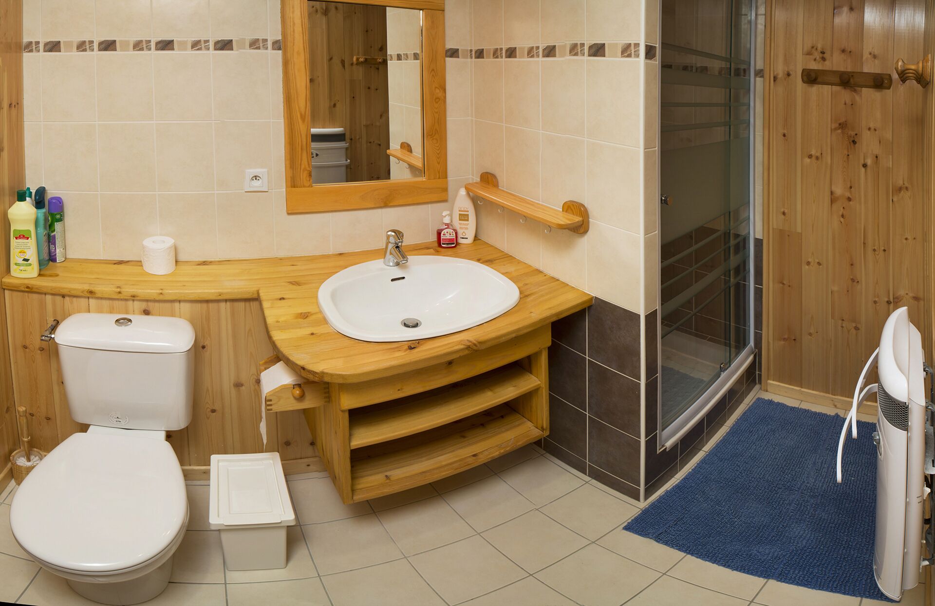 A bathroom with a wooden vanity, white sink, and toilet. There is a glass shower enclosure and a blue rug on the floor.