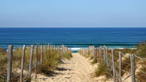 Een zandpad langs het strand dat naar de oceaan leidt, begrensd door houten omheiningen en begroeiing.