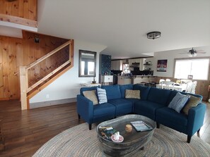 Smart TV, fireplace, table football, books