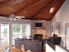 TV, fireplace, DVD player, books