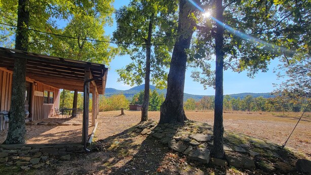 Una cabaña rústica con terraza de madera, rodeada de árboles altos y un sendero de piedra.