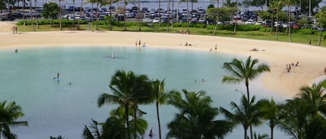 On the beach, sun-loungers