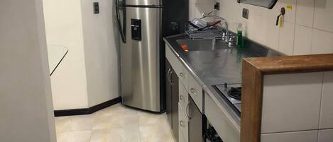 Frigorífico, microondas, horno y placa de cocina