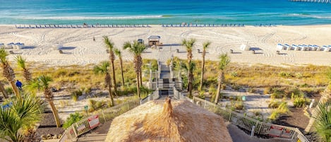 On the beach, sun loungers