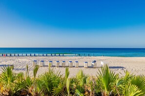 On the beach, sun loungers