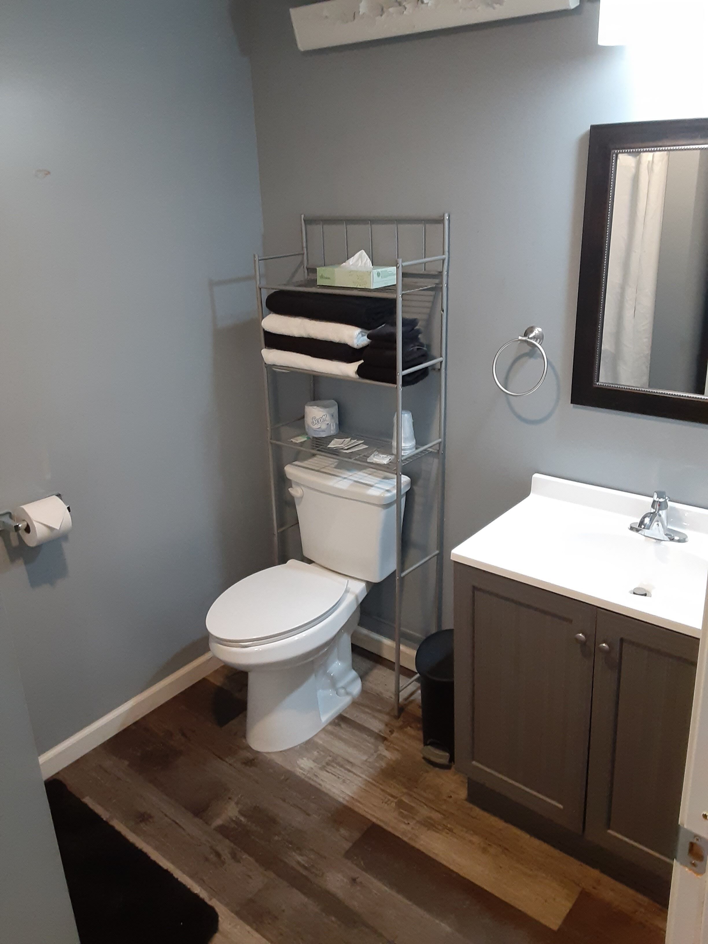 A bathroom with a toilet, a metal shelf with towels, a sink, and a mirror.