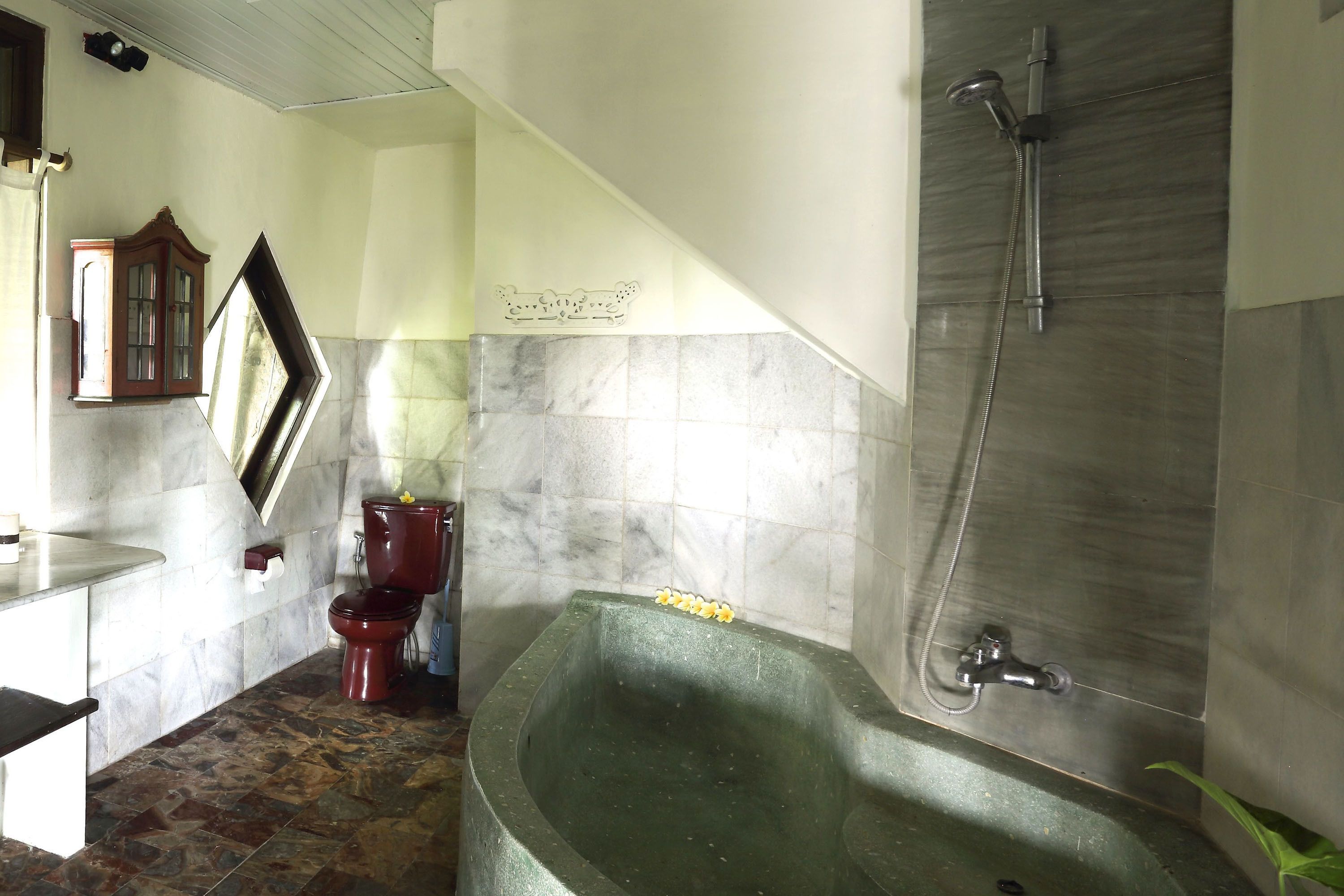 Une salle de bain avec une baignoire sur pieds, des toilettes et une douche.