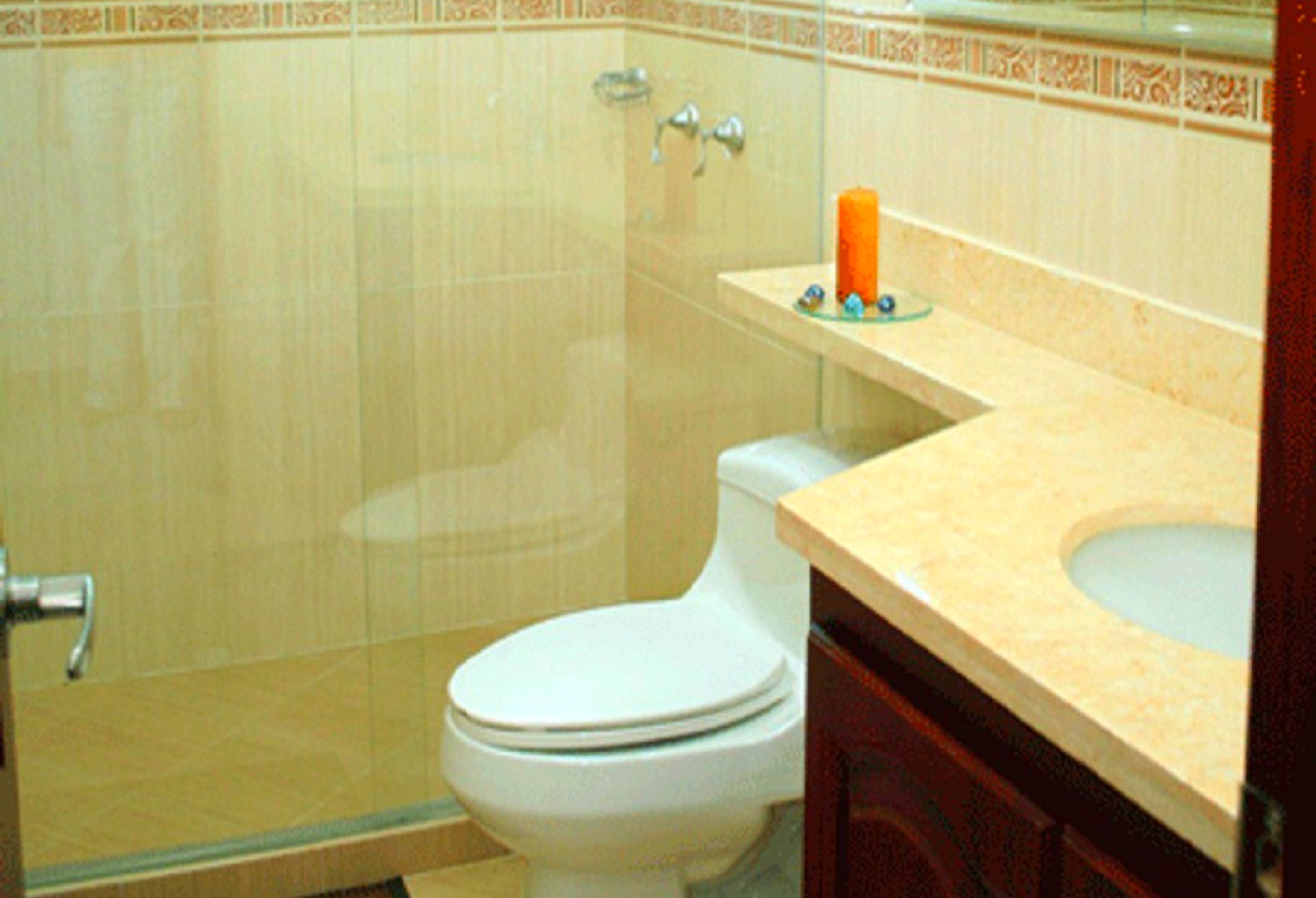 A bathroom with a toilet, a sink, and a shower area.