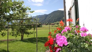 A garden with a metal trellis, flowering plants, and a view of a mountain range. - Bauernhof Buchwieser (Unterammergau)