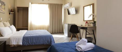 Una habitación de hotel con dos camas, un escritorio, una silla, un televisor y un espejo.