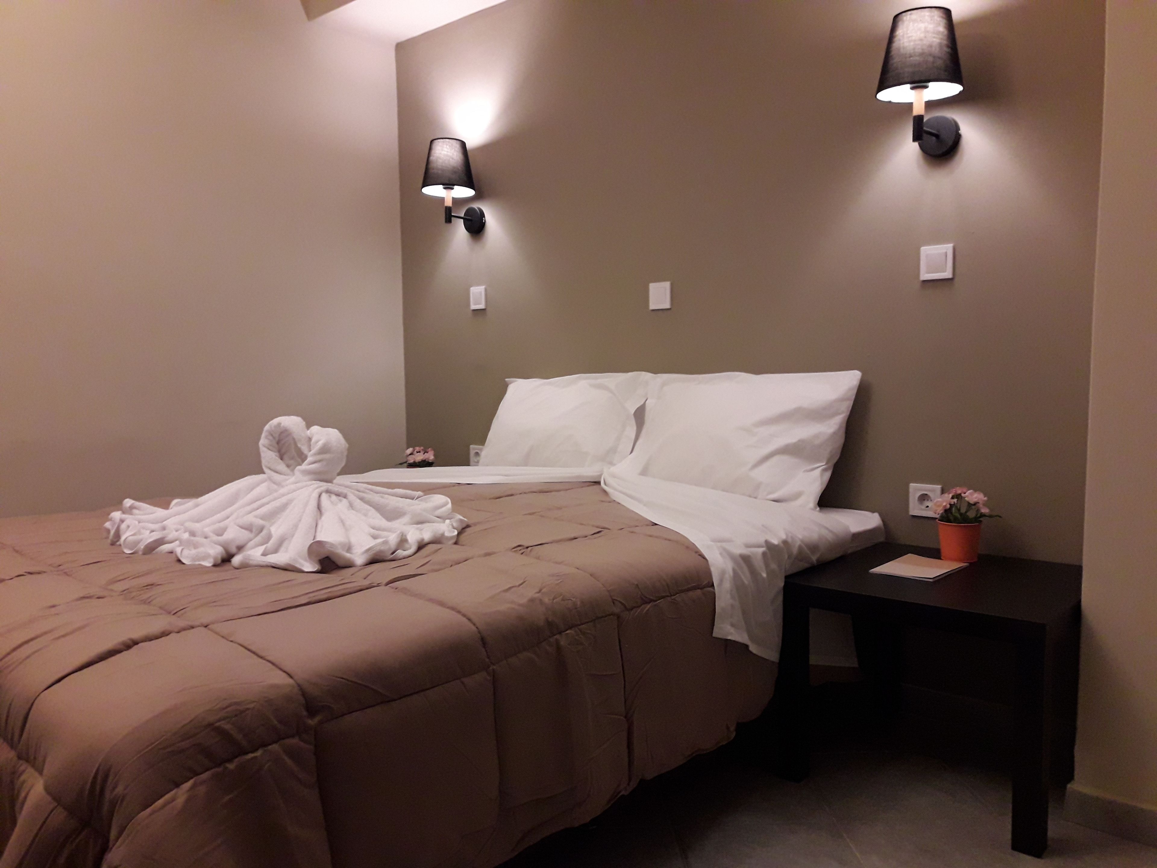 A hotel room with a bed, a nightstand, a lamp, and a potted plant.