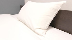 Una cama bien hecha con un almohadón blanco y un cabecero oscuro.
