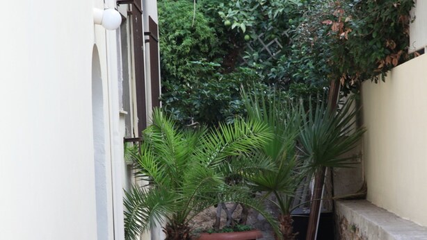 A narrow stone-paved alleyway with potted plants and a stone wall. - Stylish flat by the beach of Edem (Palaio Faliro)