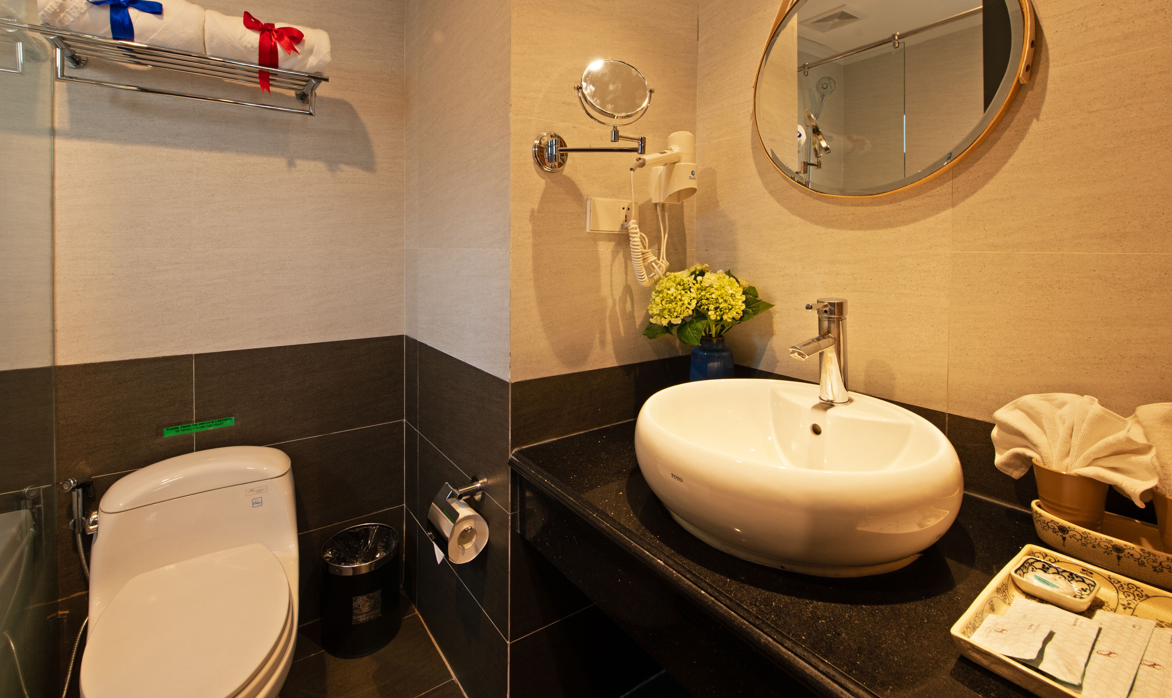 rainfall showerhead, free toiletries, hair dryer, bathrobes