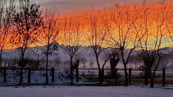 Paisagem de inverno com cerca, árvores e chão coberto de neve.