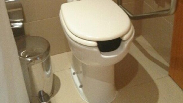 Des toilettes classiques, avec un abattant et un couvercle blancs, une barre d’appui sur le côté droit et un porte-rouleau de papier toilette fixé au mur.