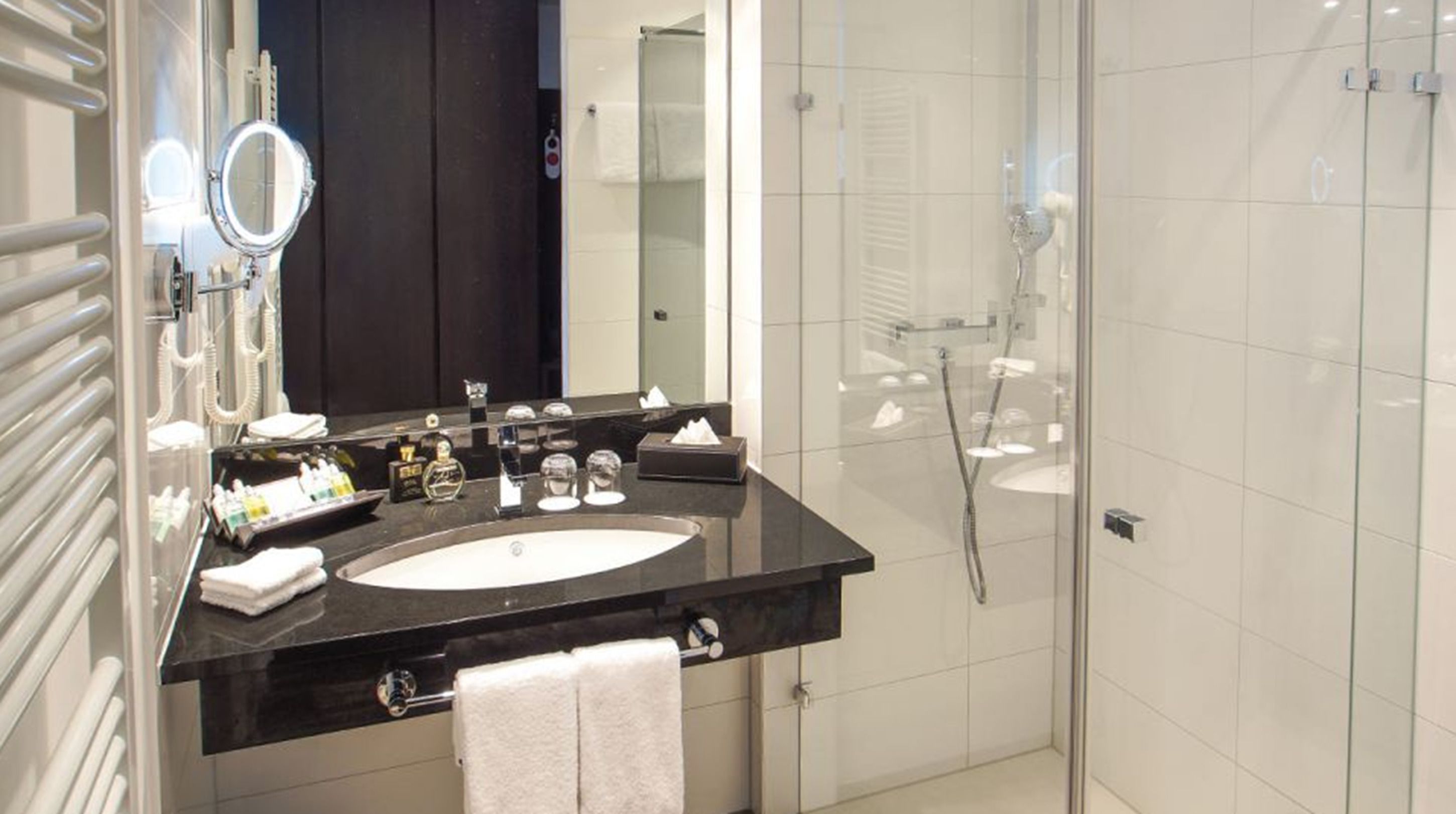 comfort double room | bathroom | shower, hair dryer, slippers, towels