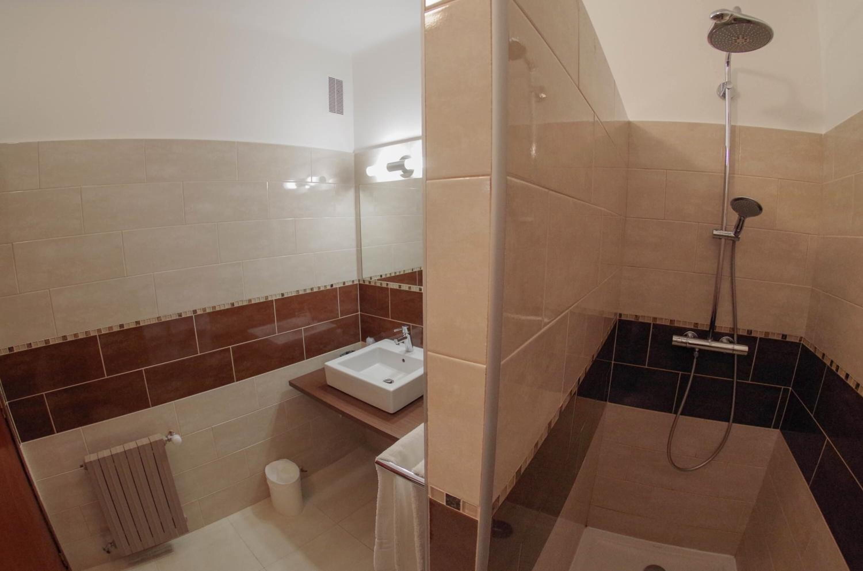 A bathroom with a shower, a sink, and a toilet.