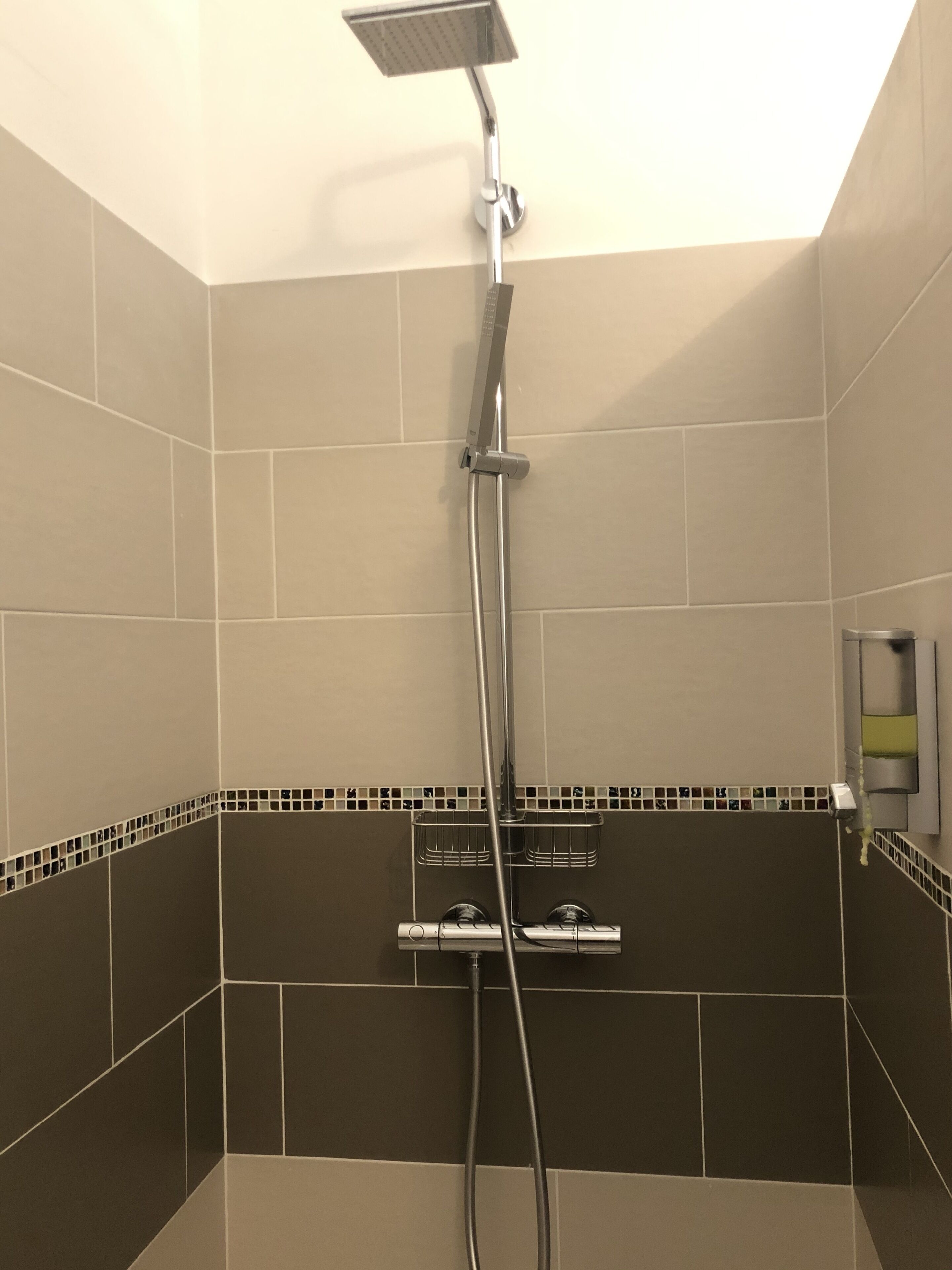 A shower area with a handheld showerhead and a fixed showerhead mounted on the wall.