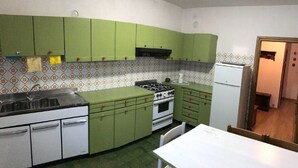 Eine kleine Küche mit grünen Schränken, einer weißen Spüle, einem Herd und einem Kühlschrank.