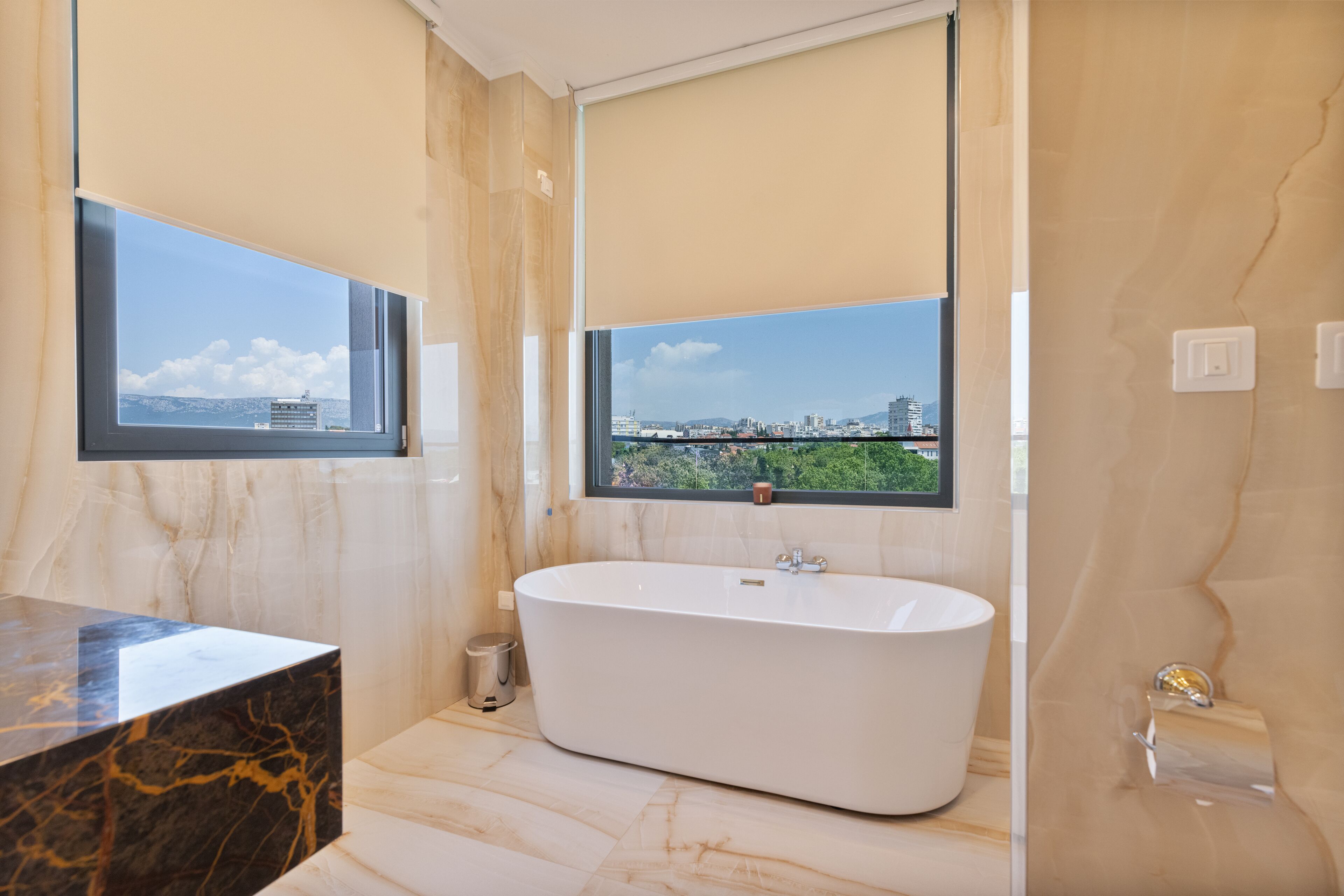 royal penthouse | bathroom | shower, designer toiletries, hair dryer, bathrobes