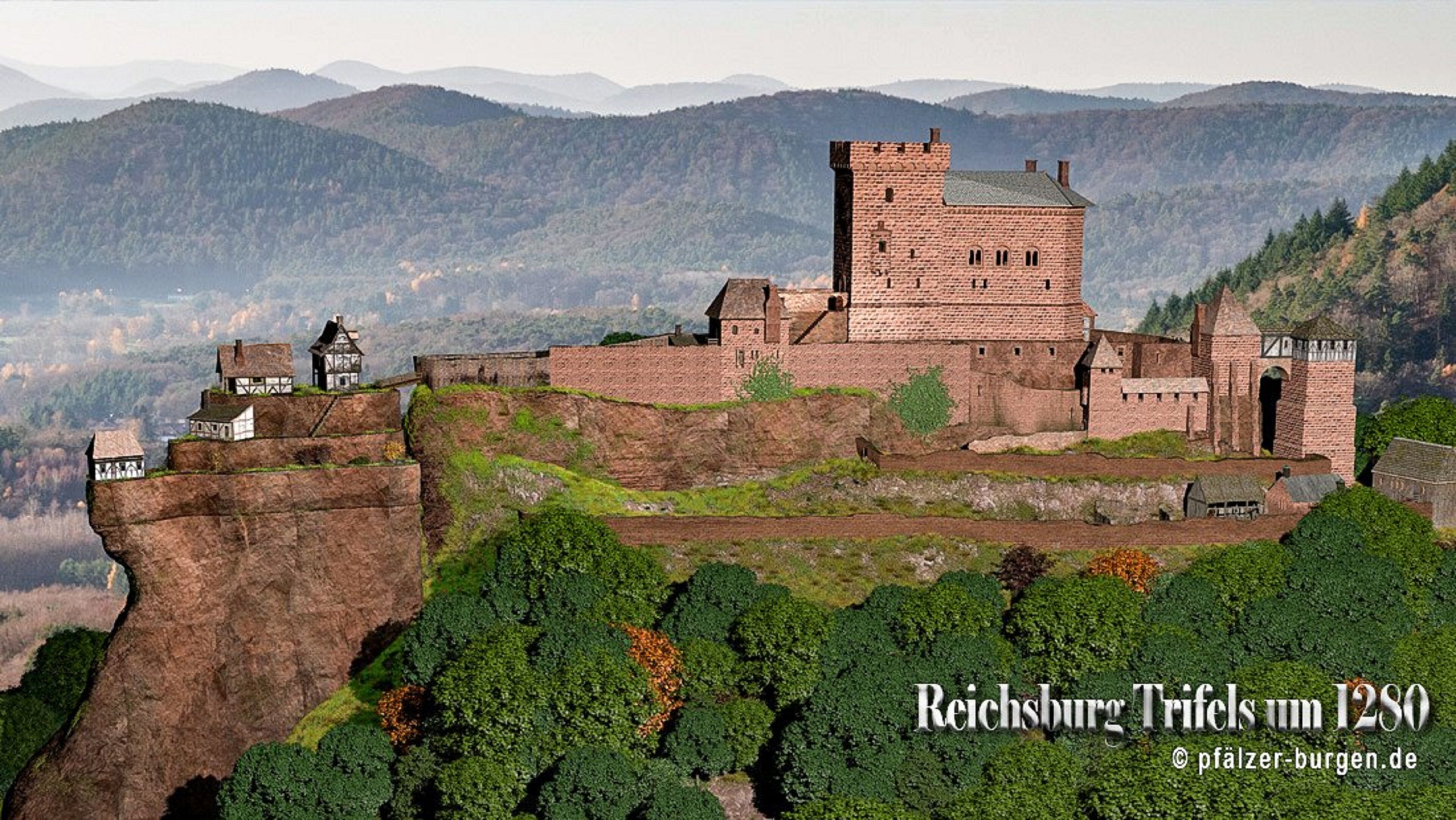 A historic castle with a prominent tower, situated on a cliff overlooking a valley.