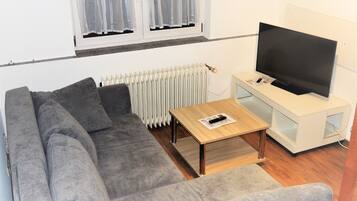 A living room with a grey sofa, a wooden coffee table, a TV on a white stand, and a radiator.
