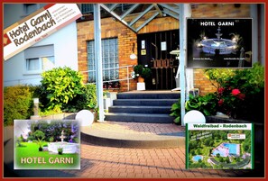 Hotel Garni's entrance with a brick facade, steps leading up to the door, and a garden area with a fountain. - Hotel Garni 4U (Rodenbach)