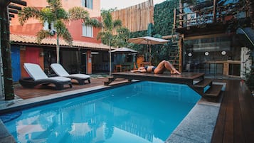 Outdoor pool, open 10:30 AM to 7:30 PM, pool loungers