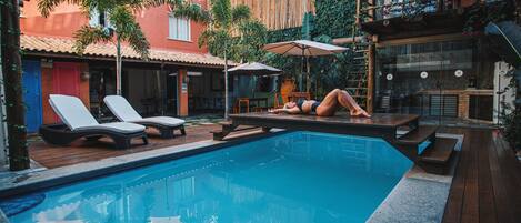 Outdoor pool, open 10:30 AM to 7:30 PM, pool loungers