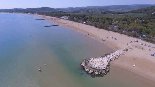 A coastal beach with clear waters, a rocky breakwater, and a line of beach umbrellas. - Baia dei Lombardi (Vieste)