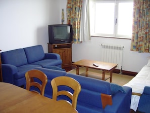 A room with a blue sofa, a wooden table, a television on a cabinet, and a window with curtains.