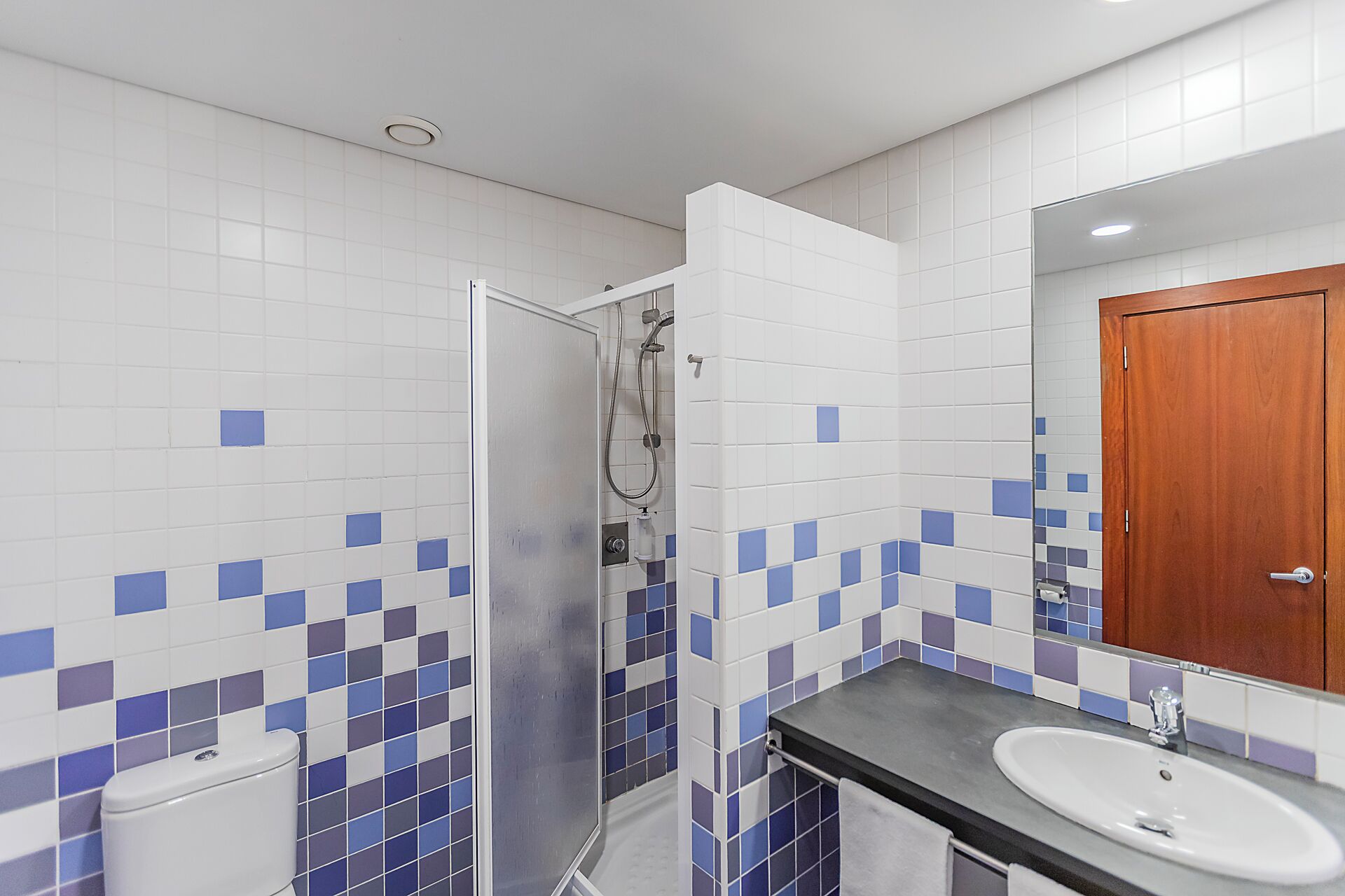 Un baño con inodoro, lavamanos, ducha y puerta de madera.