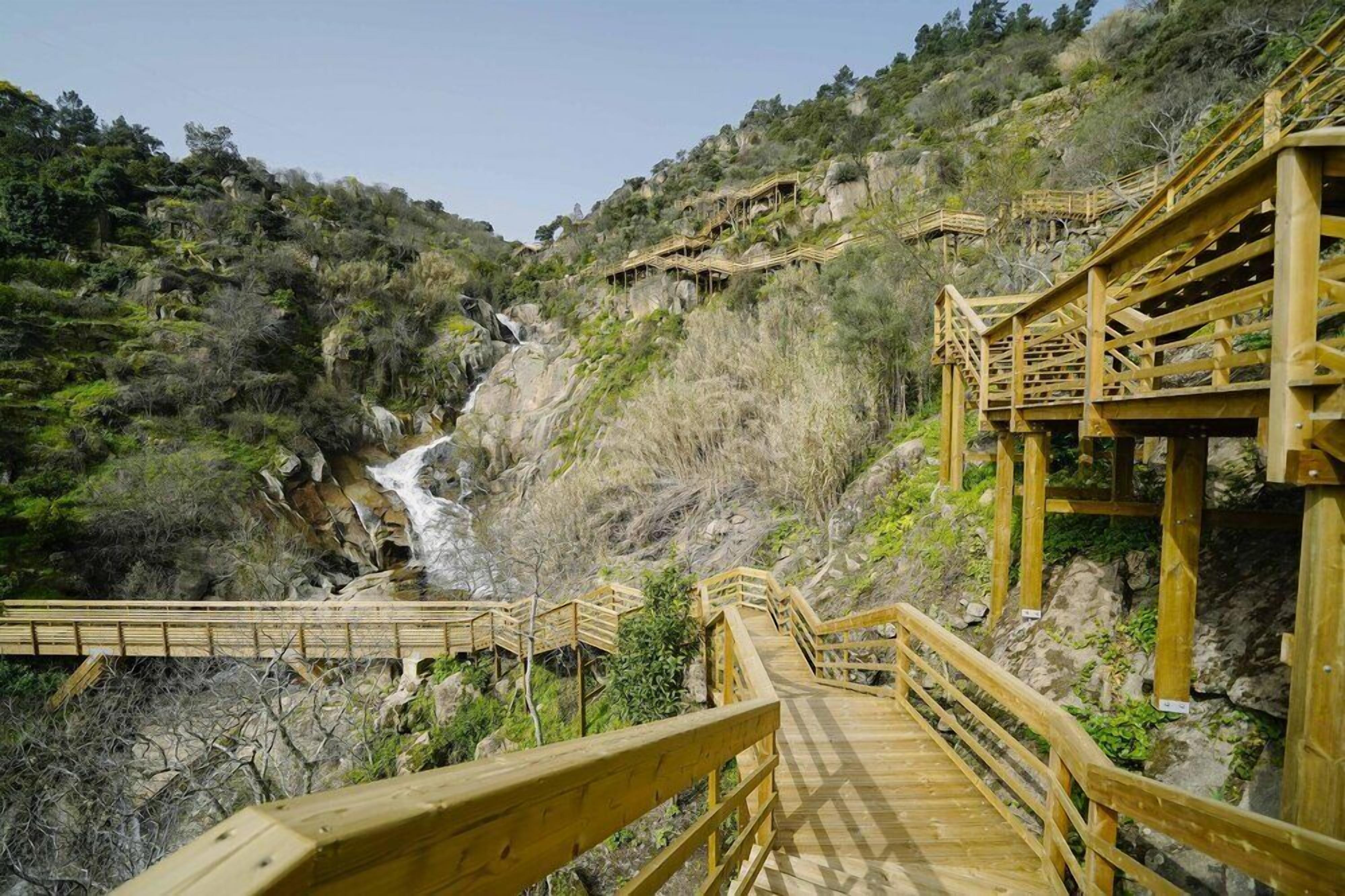 Un escalier en bois mène à une plateforme en bois d’où l’on peut admirer une cascade.